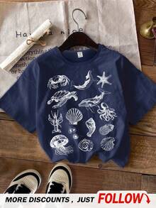 SHEIN Leap Crew Young Boy Casual Minimalist Short Sleeve T-Shirt, Suitable For Summer - Navy Blue - View 1