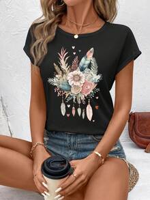 SHEIN LUNE Tricou de damă, cu gât rotund, cu imprimeu cu pene, lejer, potrivit pentru vară