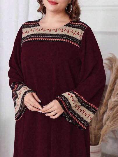 Al Najma Women's Round Neck Patchwork Casual Plus Size Dress, Modest Casual Tunic Dresses, For Casual Daily/At Home Maxi Women Outfit