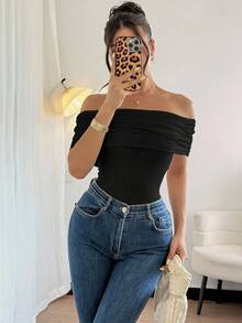 Rafferiza 女士优雅露肩褶边紧身衣，修身款，夏季