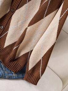 CosyJoli Plus Size Casual Minimalist All-Match Versatile Urban Chic Diamond Pattern Knit Cardigan Sweater, Autumn/Winter Women Cardigan Brown Cardigan Argyle Cardigan Diamond Cardigan - Multicolor - View 4
