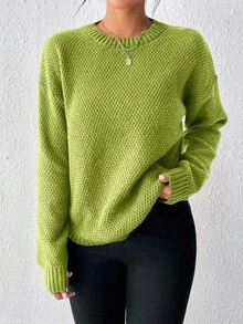 EMERY ROSE Áo len dệt kim dài tay cổ tròn tối giản màu trơn dành cho nữ, mặc hàng ngày - Xanh lá cây Mù sương - Xem 5
