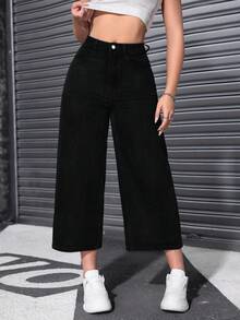 SHEIN ICON 冬季加大码女式经典时尚阔腿牛仔裤 - 黑色 - 查看 6