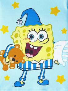 SpongeBob SquarePants | SHEIN 2pcs Baby Boy Cartoon Print Crew Neck Long Sleeve Top And Pants Knit Comfortable Casual Stretchy Pajama Set