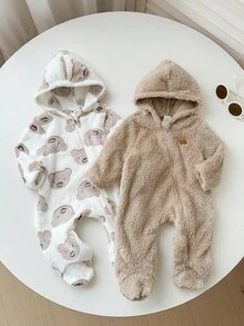 SHEIN Bộ 2 quần áo liền thân có mũ trùm đầu và quần dài mềm mại họa tiết gấu hoạt hình dễ thương dành cho trẻ sơ sinh, quần áo thường ngày cho bé mùa thu/đông - Nhiều màu - Xem 8
