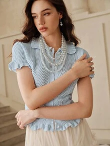 SHEIN Unity Cardigan Rajut Slim-Fit Elegan untuk Wanita, Biru Muda, Musim Gugur, Kencan Malam, Desain Gelombang, Kerah Berkerut, Lengan Pendek, Kancing Mutiara, Ringan, Musim Panas - Baby Blue - View 6