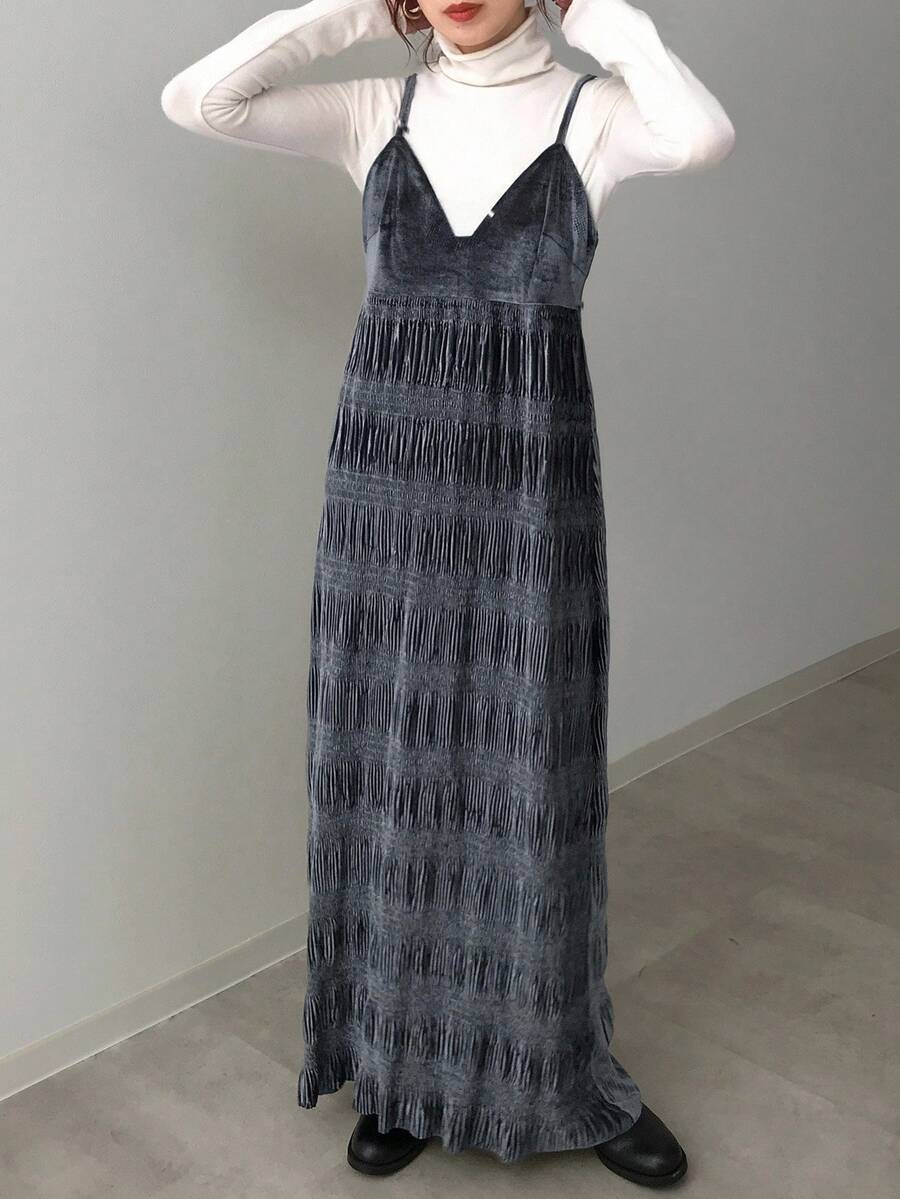 FRIFUL Vestido de mujer de color azul marino sólido de tela de terciopelo con tirantes, vestido de otoño, vestido para exteriores, ropa de mujer de otoño, vestidos de mujer de verano - Gris - Ver 1