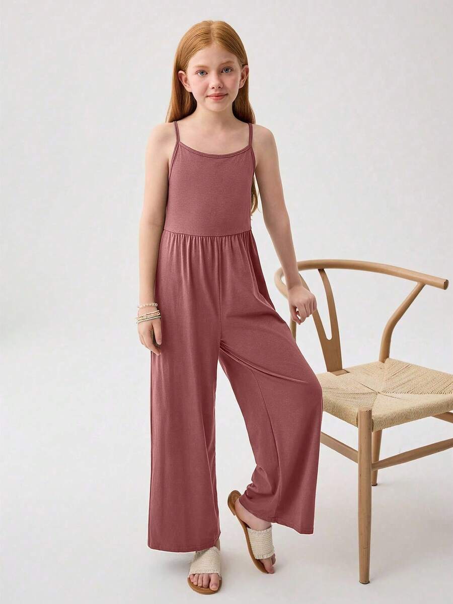 SHEIN Tween Girl Knit Solid Color Casual Jumpsuit With Spaghetti Straps - Pink - View 1