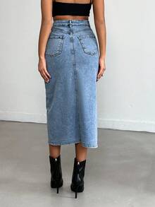 SHEIN Cottnline Women's Front Slit Denim Skirt - Medium Wash - View 2