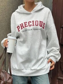 DAZY Sudadera con capucha de estilo callejero holgada con estampado de letras, sudaderas con capucha de invierno para mujer - Gris Claro - Ver 1
