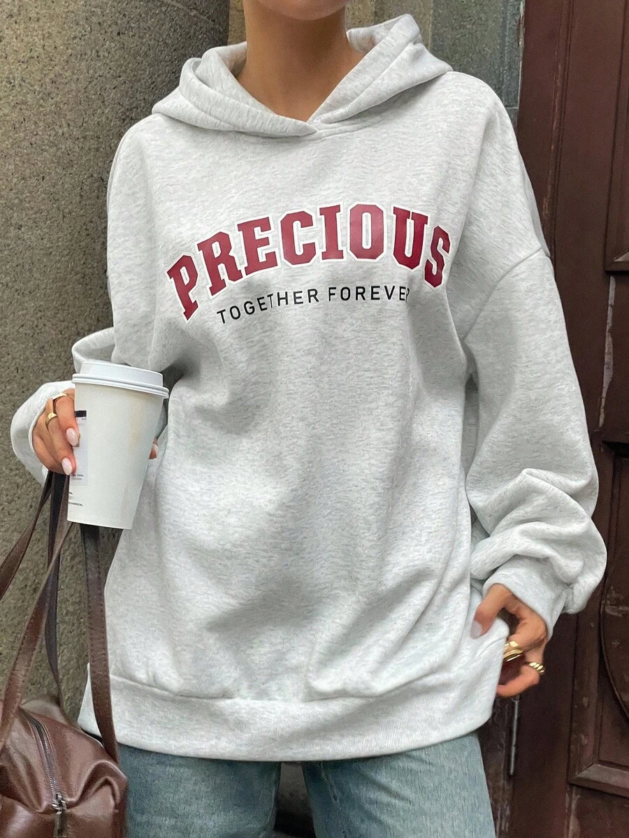 DAZY Sudadera con capucha de estilo callejero holgada con estampado de letras, sudaderas con capucha de invierno para mujer - Gris Claro - Ver 1
