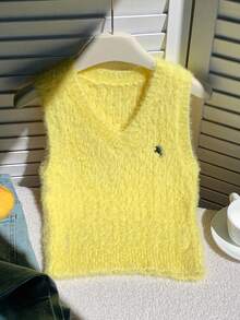 Comfortcana 2025新款极简主义秋冬女式休闲刺绣抓绒针织舒适柔软可爱复古黄色毛衣背心，秋季外出乡村风女装 - 黃色 - 查看 8