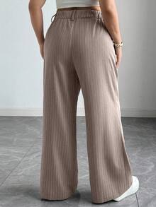 SHEIN Tall Quần ống rộng cạp cao in họa tiết sọc thường ngày cỡ lớn thoải mái cho nữ - Màu be - Xem 2