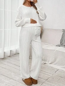 SHEIN Ropa de otoño, ropa de otoño, ropa de maternidad de otoño/invierno, conjunto de 2 piezas de maternidad de unicolor con textura de parte superior e pantalones, conjunto de 2 piezas de maternidad, trajes de 2 piezas de maternidad, conjuntos de 2 piezas de descanso, conjunto de 2 piezas cómodo para mujer