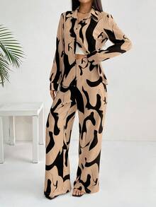 EMERY ROSE 女士法式优雅休闲通勤返校黑白几何花卉印花长袖两件套 - 彩色 - 查看 3