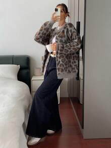 DAZY Vintage Single-Breasted Leopard Print Cardigan Sweater, Winter New Arrival - Brown - View 6