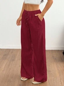 SHEIN Tall 女式纯色休闲宽松裤，带口袋，纹理面料，腰带 - 酒紅色 - 查看 5