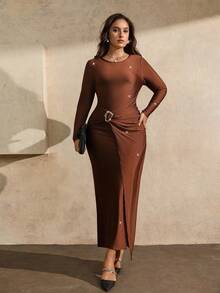 Juhart Đầm maxi dài tay ôm sát, cổ tròn màu nâu thanh lịch cỡ lớn dành cho nữ, thiết kế xẻ tà, nút kim loại, eo thắt chặt, tay dài, mùa xuân/thu - màu nâu - Xem 3
