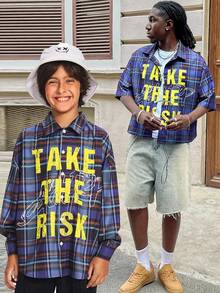 SHEIN 青少年男孩数码印花格子休闲宽松梭织短袖衬衫 - 藍色 - 查看 1