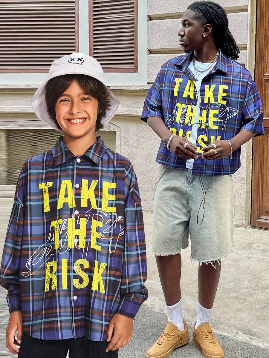 SHEIN 青少年男孩数码印花格子休闲宽松梭织短袖衬衫 - 藍色 - 查看 1