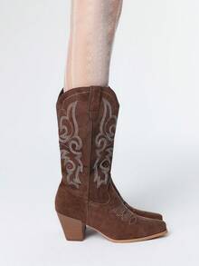 ROMWE Fairycore 女式棕色牛仔靴，卡其色户外休闲时尚刺绣仿麂皮西部中筒靴，春秋 - 咖啡棕 - 查看 4