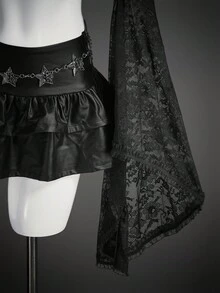 SHEIN ICON 女式哥特式蕾丝喇叭袖长下摆万圣节服装T恤 - 黑色 - 查看 7