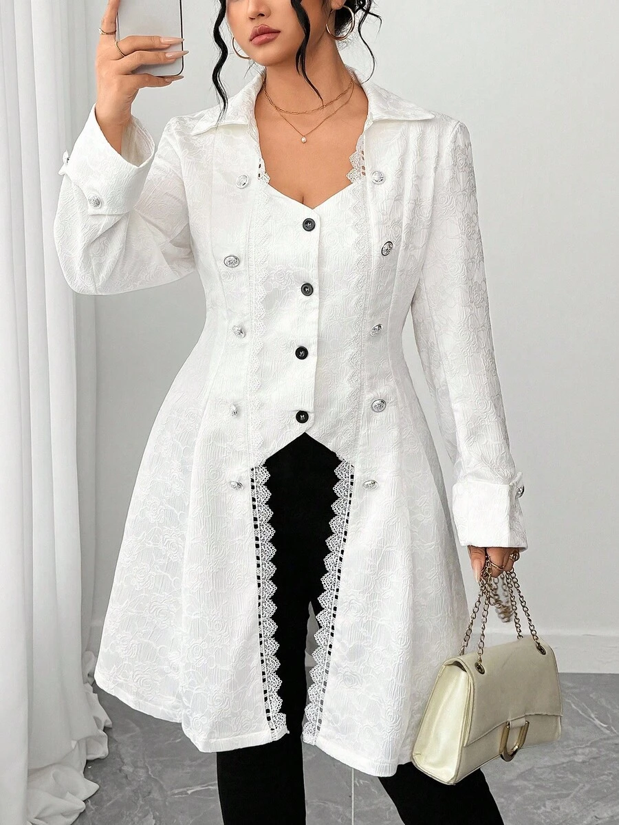 Elenzga 大码女式纯色简约日常蕾丝拼布长袖夹克