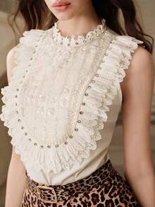 Anewsta Savoree Elegant Fashion Heavy Beaded & Rhinestone Floral Decor Stand Collar Lace Trim Double Layer Hollow Ruffle Hem Sleeveless Apricot Blouse For Women