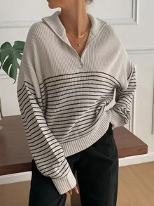 DAZY Stylish Black & White Striped Stand Collar Zip-Up Long Sleeve Sweater, Casual Oversized Pullover For Women Winter - Black and White - View 4