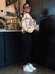 SAYEHFBABY Áo khoác cardigan tay dài tua rua viền đèn lồng tương phản, áo dài tay - Nhiều màu - Xem 3