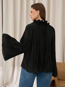 Auralis Tricou negru cu mânecă lungă, mărime plus, costum drăguț de toamnă, cămașă cu tivită din corn, costum negru de Halloween, costum elegant de doamnă, top pentru naveta zilnică, bluză drăguță de toamnă - Negru - Vizualizare 2