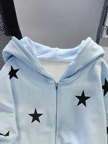 SHEIN 新款流行星形图案宽松拉链女式卫衣 - 藍色 - 查看 3