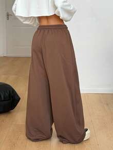 Coolane 女士夏季街头休闲装宽松松紧腰带舒适灰色弯刀裤 - 棕色 - 查看 2