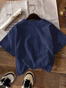 SHEIN Leap Crew Young Boy Casual Minimalist Short Sleeve T-Shirt, Suitable For Summer - Navy Blue - View 2