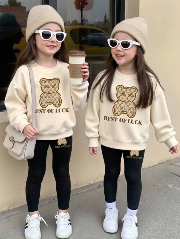 SHEIN Young Girl Casual Fashionable Creative Floral, Cute Bear & Letter Print Round Neck Sweatshirt And Leggings Set Long Sleeve Outfits Matching Outfits Fall Outfit Clothes