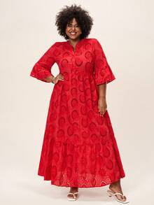 SHEIN LUNE Plus Size Dresses Valentine Red Dress Maxi Dresses For Women Summer Dresses Summer Boho Old Money Cotton - Red - View 3