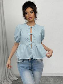 Rafferiza Women's Solid Color Puff Sleeve Bowknot Blouse - Baby Blue - View 3