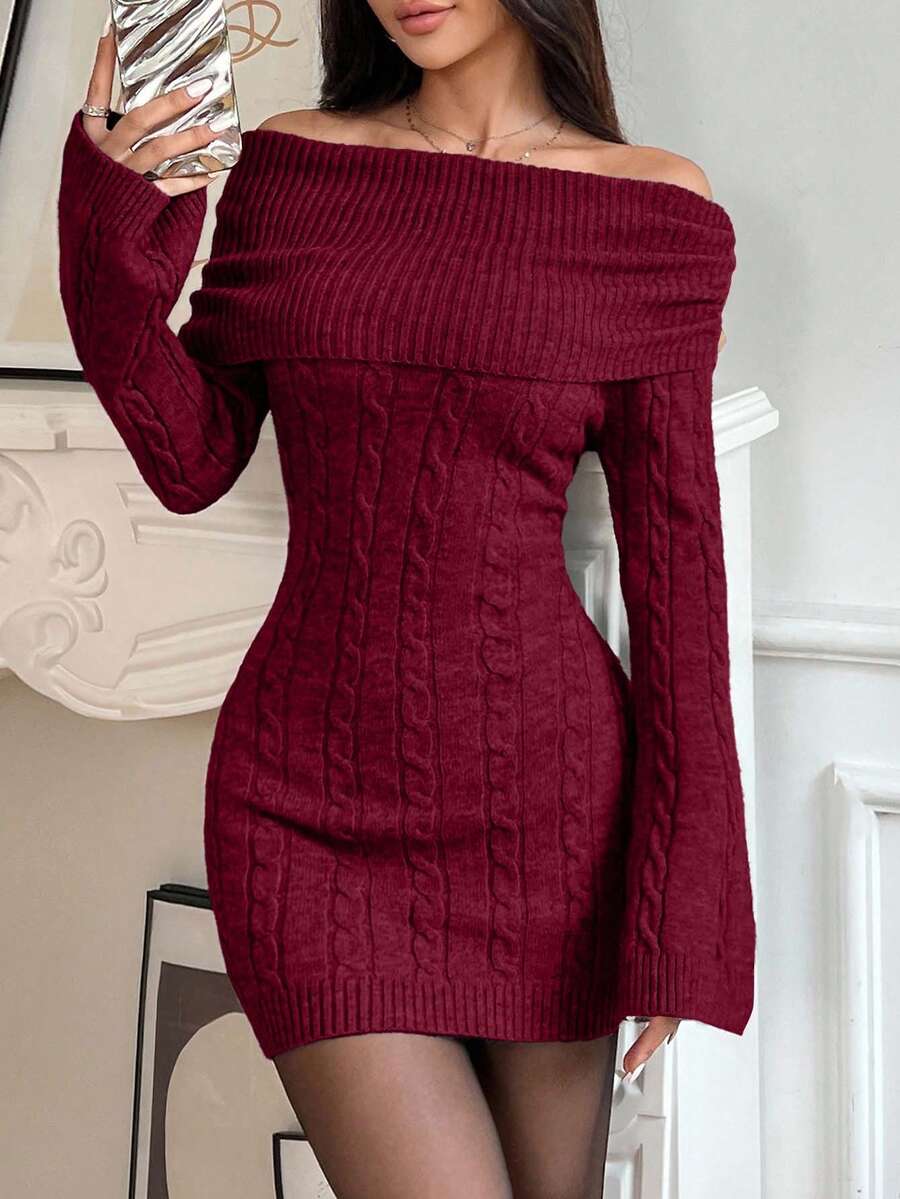 EURMUSE Women's Autumn Twist Cable Pattern Off Shoulder Long Sleeve Fitted Knit Dress,Winter Dresses - Burgundy - View 1