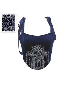 ROMWE Gothic Palace Style Vine & Church Decor Lace-Up Corset Bustier For Women, Halloween