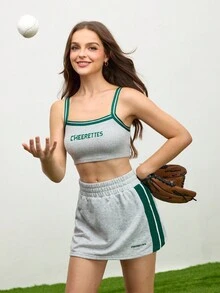 Cheerettes 女士撞色镶边超短吊带背心和迷你裙短裤运动套装 - 灰色 - 查看 1