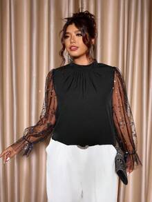 Cravure Plus Size Women Fashionable Elegant Luxury Casual Commuter Sequin & Mesh Splice Design Collar Blouse Fall Cloth For Women - Black - View 5