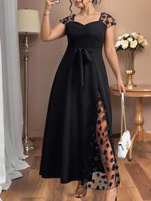 Auvina Vestido ajustado con decoración de malla jacquard de talla grande, ideal para fiesta veraniega o de vacaciones