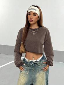 StreetHx Women's Solid Color Round Neck Loose Box-Shaped Cropped Washed Sweatshirt Fall Cloth For Women - Brown - View 6