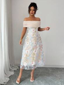 Modelyn Women's Mesh Patchwork Polyester Knit Embroidered Off Shoulder Ruffle Minimalist Sexy Summer Dress - Apricot - View 9