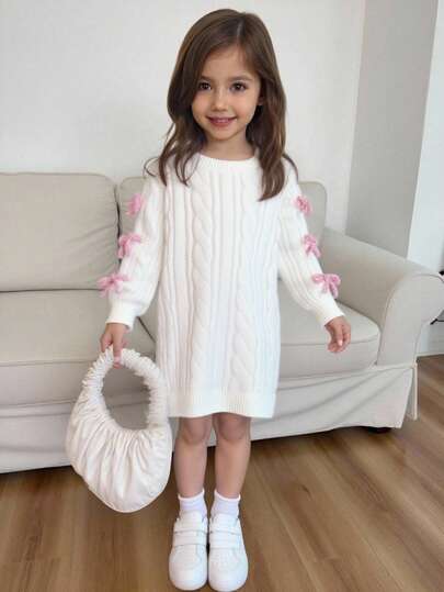 SHEIN 秋冬少女纯色圆领3D蝴蝶结针织毛衣裙