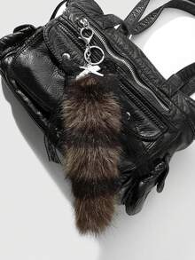 ROMWE Goth 1pc Y2K Retro Chic Cute Minimalist Sophisticated High-Quality Animal Print Series Brown Faux Fur Anime Fox Tail With Black Lace Bow, Star Decor DIY Keychain Bag Charm, Suitable For Cosplay, Daily Wear, Holiday Gift For Women