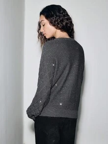 Lumivelle Women's Dark Gray Sequin Crew Neck Sweater - Dark Grey - View 2