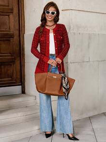 SHEIN Clasi Women's Contrast Plaid Long Sleeve Knit Cardigan Autumn Winter Clothes For Women