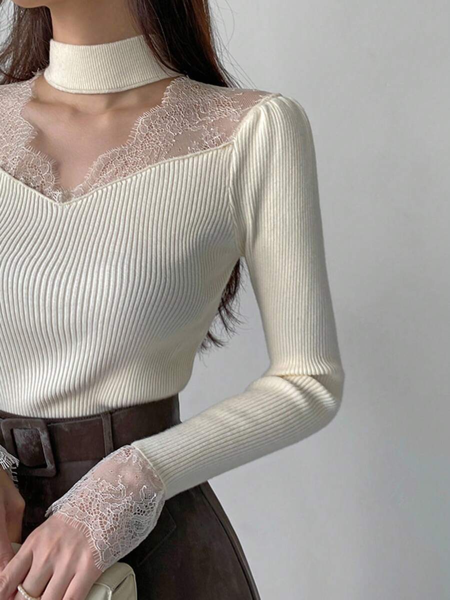 DAZY 法式蕾丝拼布露背汗衫，独特设计女式毛衣 - 米色 - 查看 1