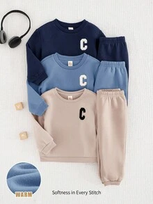 Cozy Pixies 6pcs/Set Baby Boy Letter Pattern Knit Soft Crew Neck Long Sleeve Hoodie And Pants Set Fall Winter - Multicolor - View 1